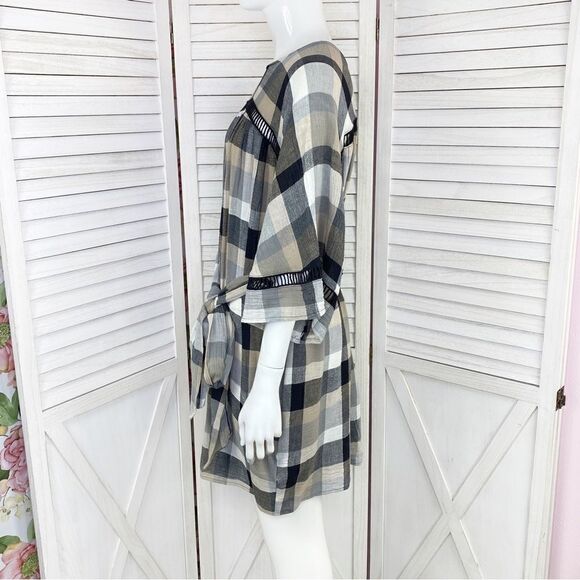 Maeve Anthropologie Plaid Kimono Tunic Dress Tie WaistTan Black Small - Picture 3 of 14